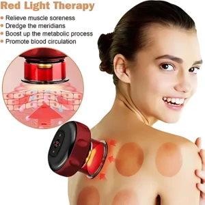 Copa de vacumterapia eléctrica recargable V-82 roja con luz roja, alivia tensión muscular y mejora circulación en la espalda.
