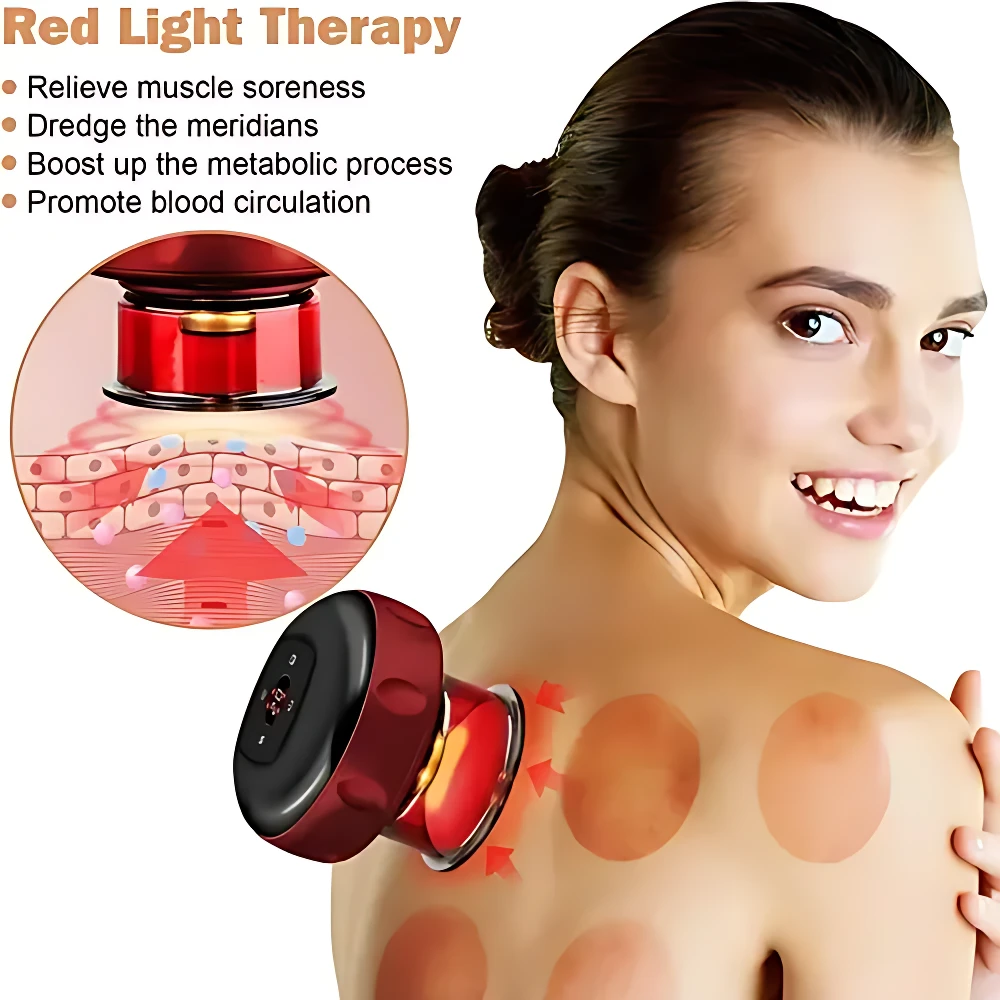 Copa de vacumterapia eléctrica recargable V-82 roja con luz roja, alivia tensión muscular y mejora circulación en la espalda.