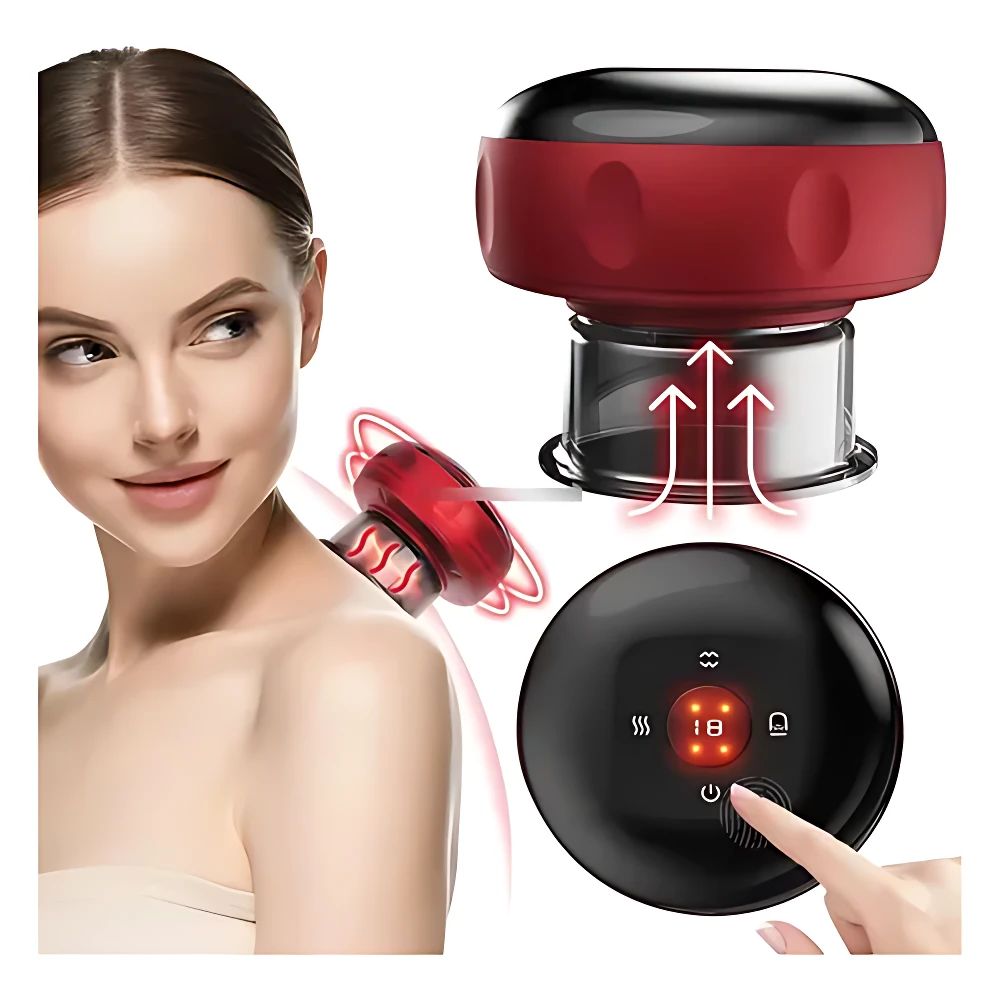 Copa de vacumterapia eléctrica V-82 roja con luz roja, para aliviar tensión en cuello y hombros.