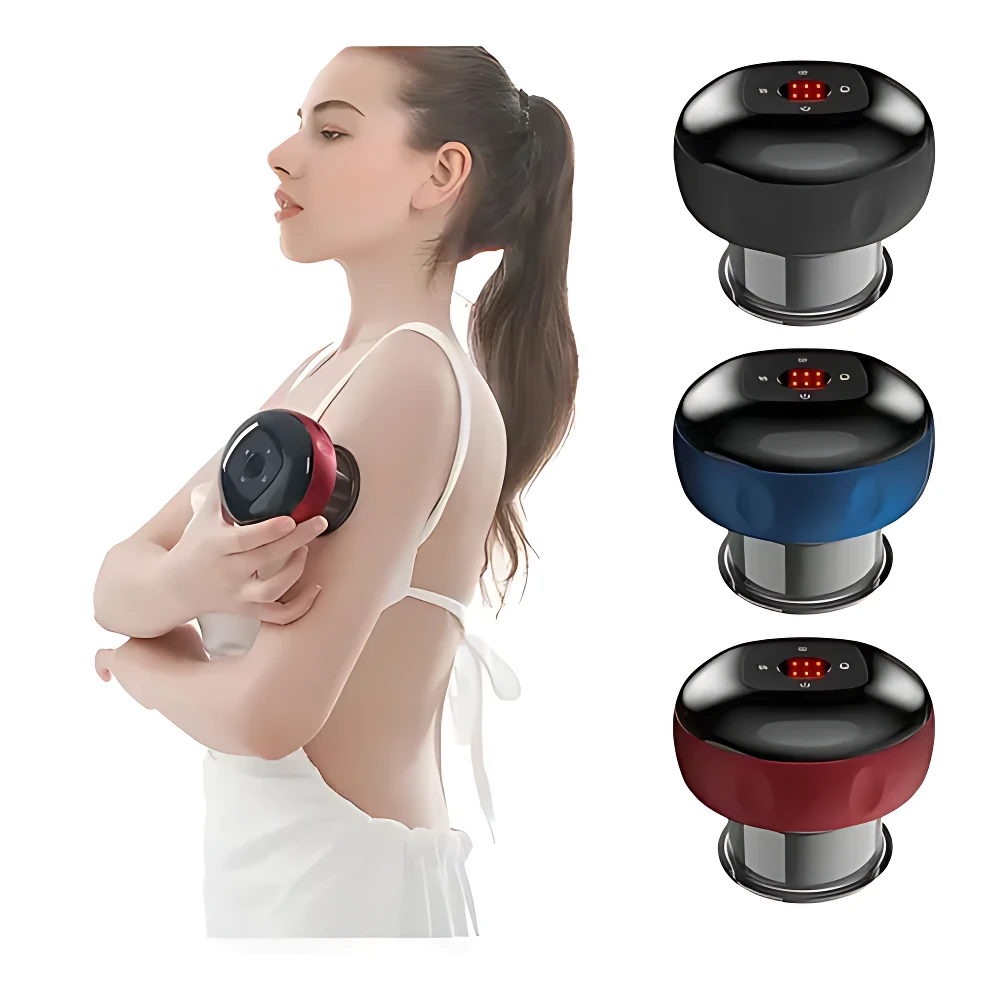 Copa de vacumterapia eléctrica V-82, roja, con luz roja, en mano de mujer, para aliviar tensión.
