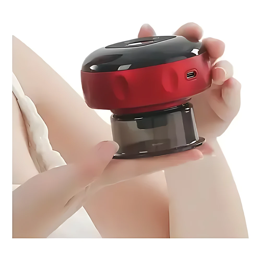 Copa de vacumterapia eléctrica V-82 roja y negra, recargable, con luz roja, en mano sobre piel, para aliviar tensión.
