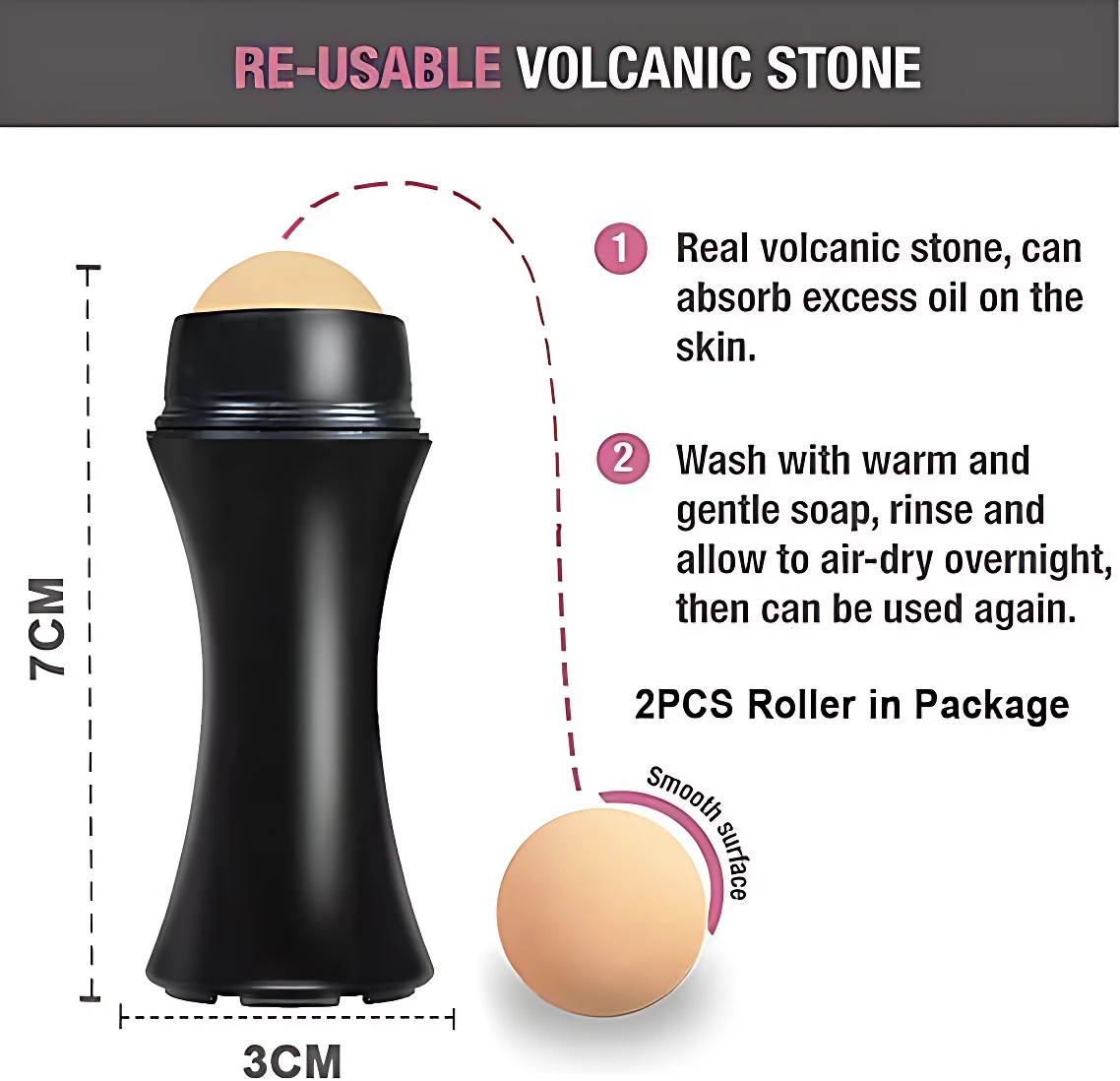 Rodillo facial reutilizable de piedra volcánica, color negro con bola beige de 3 cm de diámetro y 7 cm de altura, diseñado para absorber el exceso de grasa en la piel.