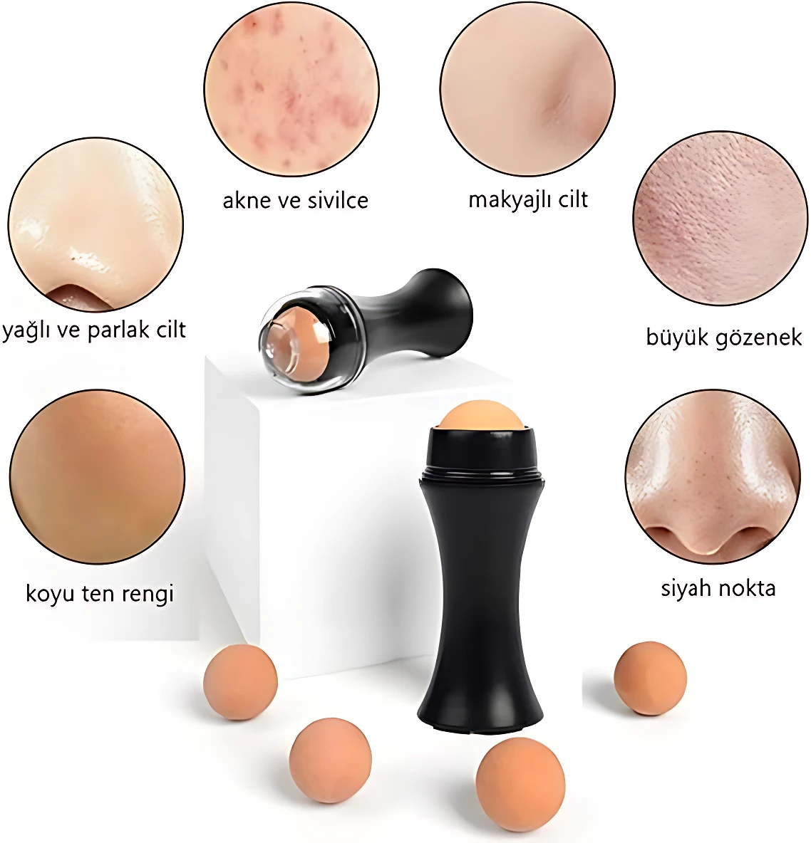 Set de tres rodillos volcánicos faciales negros con cabezas esféricas, diseñados para absorber brillo y grasa. Se muestran en uso sobre piel con diferentes texturas y tonos, acompañados de círculos que ilustran problemas como poros dilatados, acné y piel grasa.