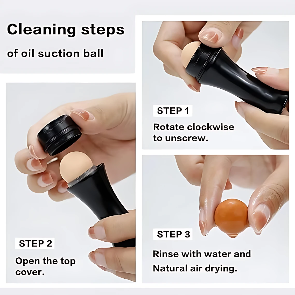 Instrucciones para limpiar rodillo volcánico facial: desenroscar tapa, retirar bola y enjuagar con agua.