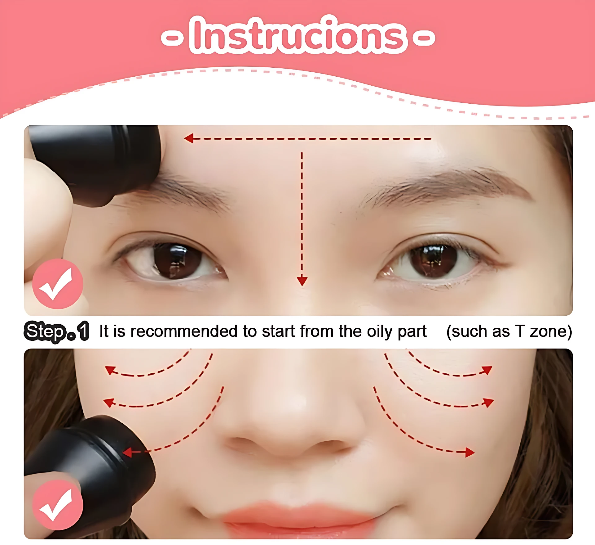 Instrucciones para usar rodillo volcánico facial: aplicar desde zona T hacia afuera, con movimientos suaves y circulares.