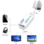 Adaptador HDMI blanco para Nintendo Wii, con salida Full HD y conexión a TV o monitor, incluye control remoto y cable de audio.