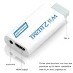 Adaptador HDMI blanco para Nintendo Wii, con salida Full HD 1080p, puerto de audio y conector Wii en extremo superior.