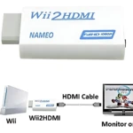 Adaptador HDMI blanco para Nintendo Wii, modelo NAMEO, con etiqueta azul que indica compatibilidad Full HD 1080p. Incluye cable HDMI y muestra consola conectada a monitor.