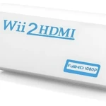 Adaptador HDMI blanco para Nintendo Wii, con puerto HDMI y salida de audio, texto Full HD 1080P en etiqueta azul.