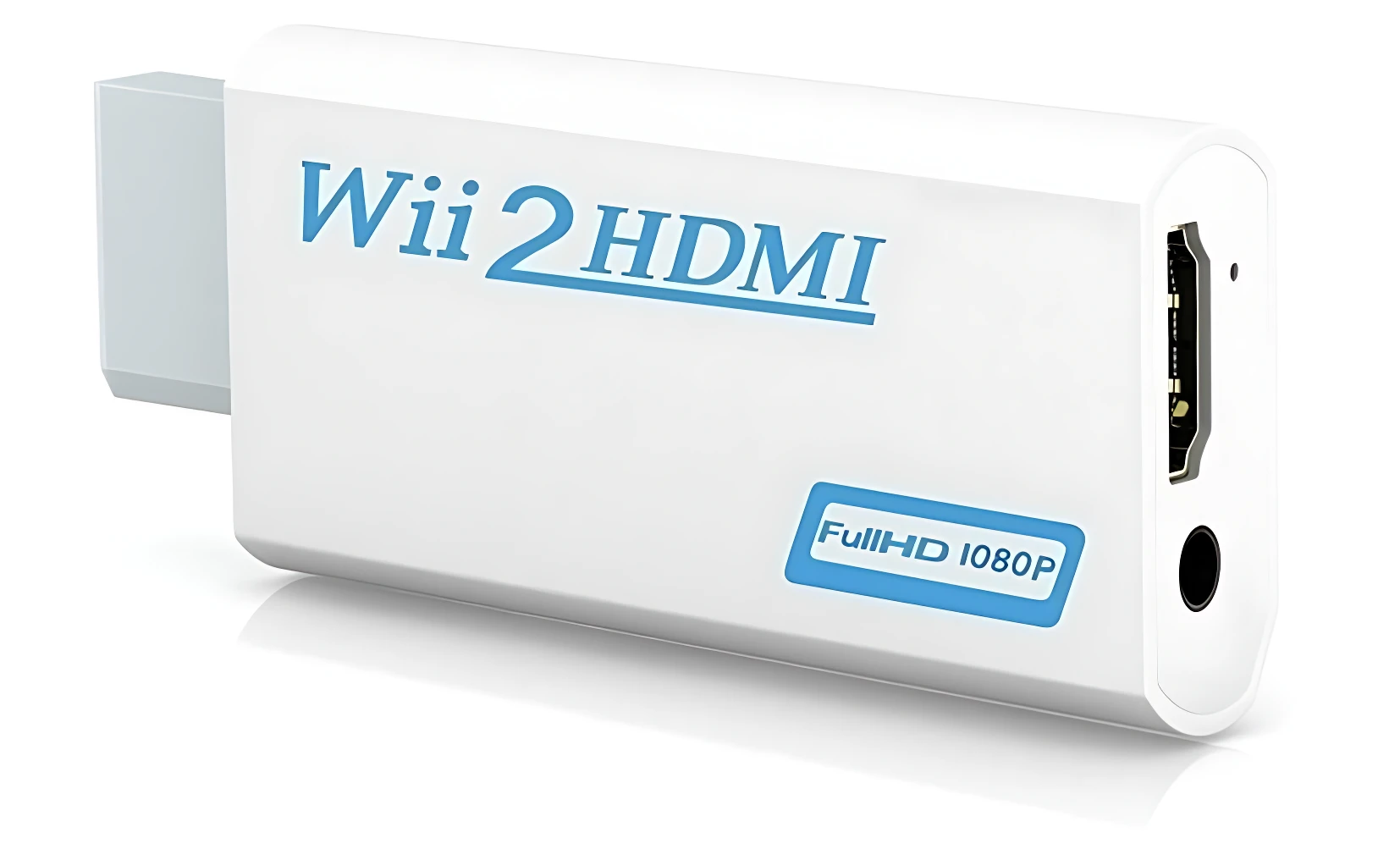 Adaptador HDMI blanco para Nintendo Wii, con puerto HDMI y salida de audio, texto Full HD 1080P en etiqueta azul.