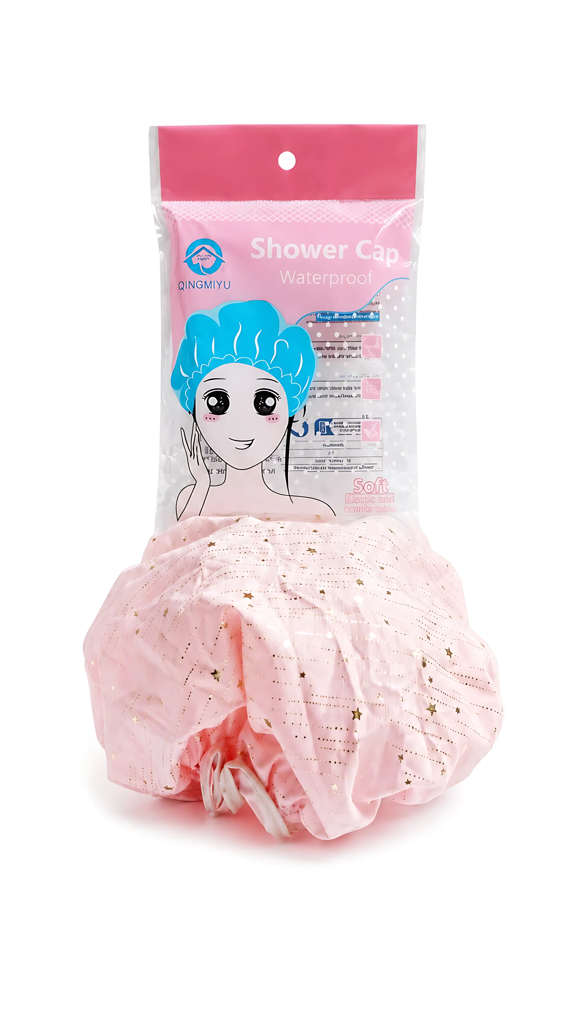 Gorro de baño rosa con estampado de estrellas, mostrando empaque transparente con de modelo usando gorro azul. Incluye dos unidades para proteger cabello y maquillaje durante la ducha.