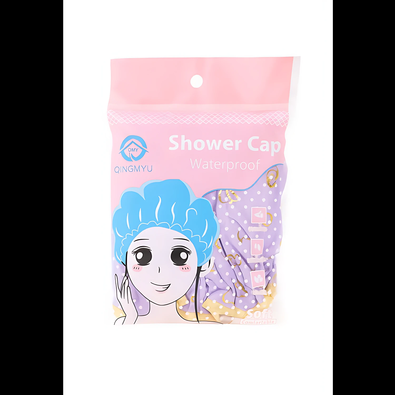 Gorro de baño suave en bolsa rosa con de chica usando gorro azul y otro morado con lunares; incluye gorro protector para cabello seco y maquillaje.