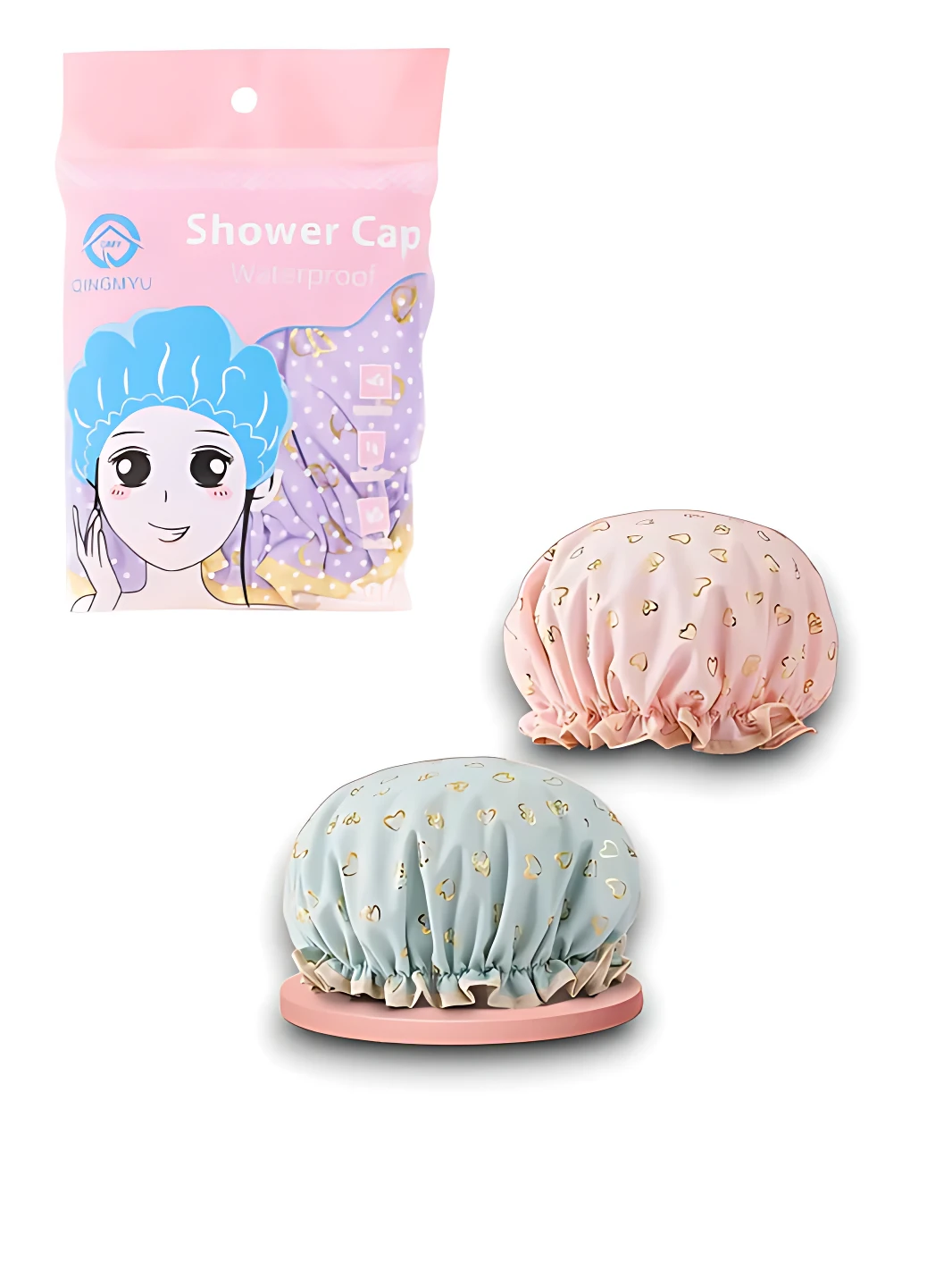 Gorro de baño suave en dos colores: rosa con estampado de corazones y azul claro con detalles dorados. Presentado junto a su empaque original.