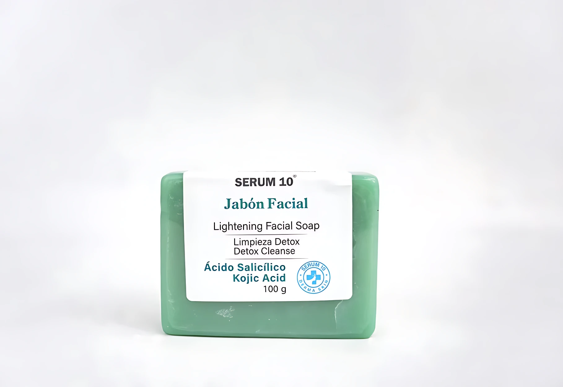 Jabón facial verde rectangular con etiqueta blanca que indica Serum 10, Jabón Facial Lightening, con ácido salicílico y ácido kójico, 100 g.