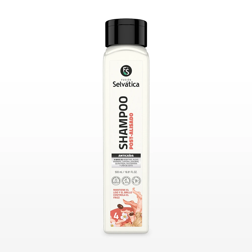 Botella blanca de 500 ml de shampoo post alisado de la marca Selvática, con tapa negra y etiqueta que muestra ilustraciones de cabello liso y brillante.