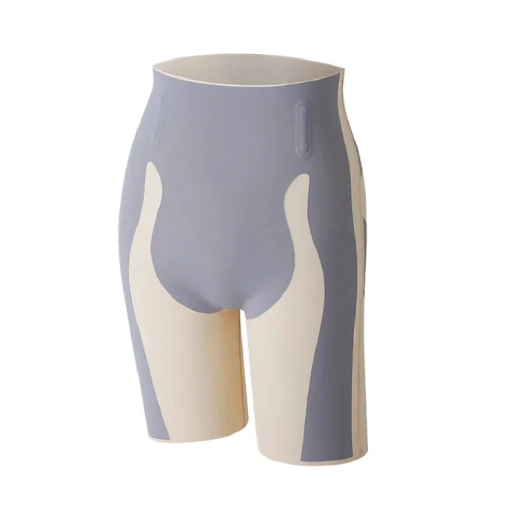 Pantalón moldeador gris y beige con diseño ergonómico para elevación de glúteos y soporte lumbar, vista frontal sin modelo.