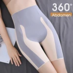 Pantalón moldeador gris y beige con diseño ergonómico para soporte lumbar y elevación de glúteos, mostrando ajuste en cadera y muslo.