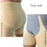 Pantalón moldeador beige con panel azul en reverso, mostrando vista trasera y lateral con elevación de glúteos y soporte lumbar.