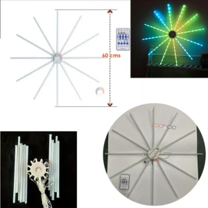 Lámpara LED estrella auditórica con 12 brazos giratorios, control remoto incluido, dimensiones de 60 cm, luces multicolor dinámicas.