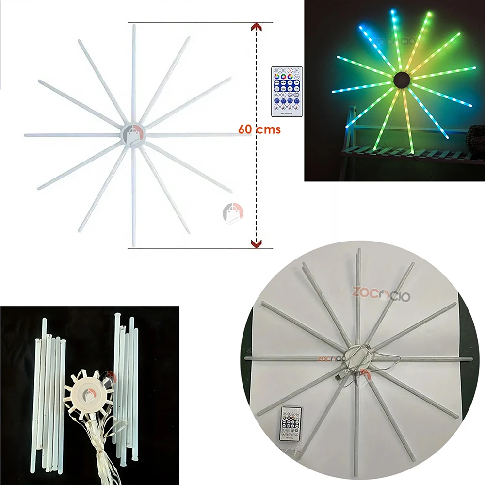 Lámpara LED estrella auditórica con 12 brazos giratorios, control remoto incluido, dimensiones de 60 cm, luces multicolor dinámicas.
