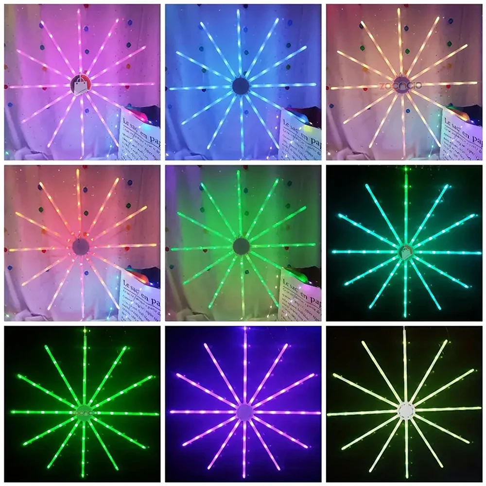 Lámpara LED Estrella Auditórica con 12 brazos giratorios, mostrando nueve variaciones de color: rosa, azul, amarillo, naranja, rojo, verde, cian, verde oscuro y morado.