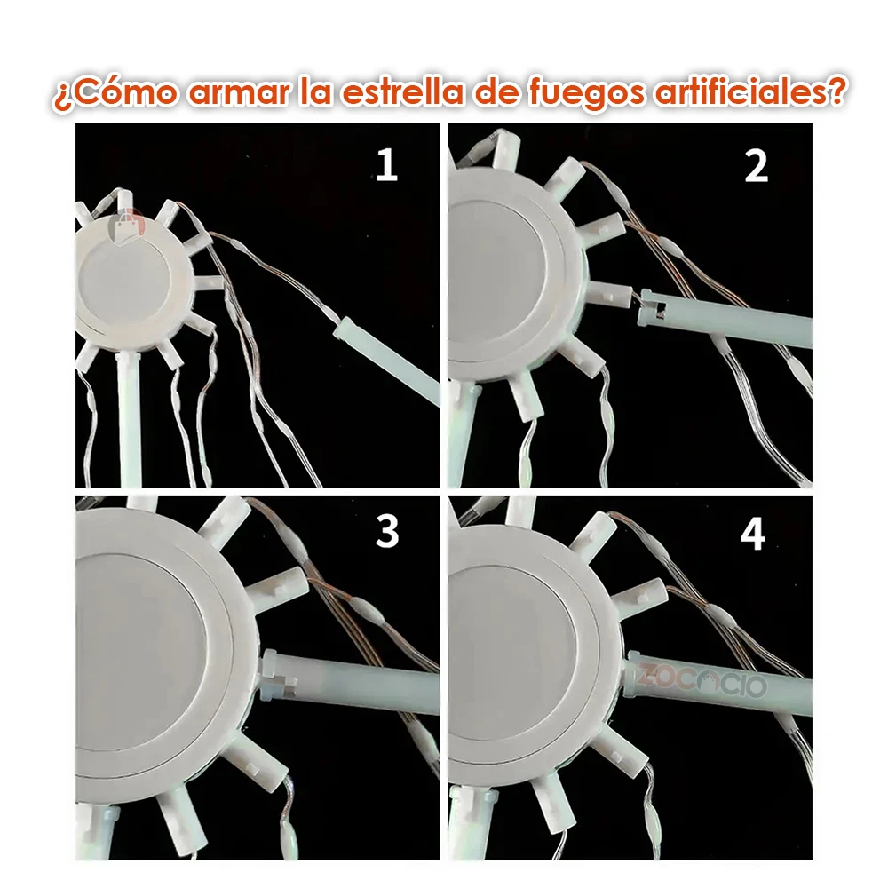 Instrucciones de montaje para lámpara LED Estrella Auditórica con 12 brazos giratorios, mostrando conexión de cable y ensamblaje paso a paso sobre fondo negro.