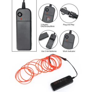 Cable de luz LED neón flexible de 3 metros en color naranja, con control remoto negro y detalles de funcionamiento: modos de iluminación, indicador de trabajo y alimentación con pilas AA.