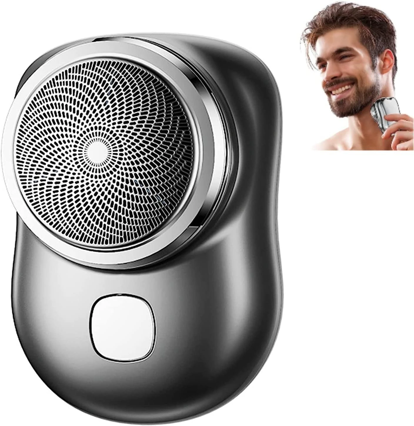 Afeitadora eléctrica negra con cabezal redondo de malla metálica y botón blanco en la parte inferior, junto a una de un hombre sonriendo mientras se afeita la barba.