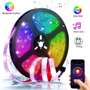 Cinta LED RGB de 5 metros en bobina, con luces multicolor y control Bluetooth, sincronizada con música y temporizador.