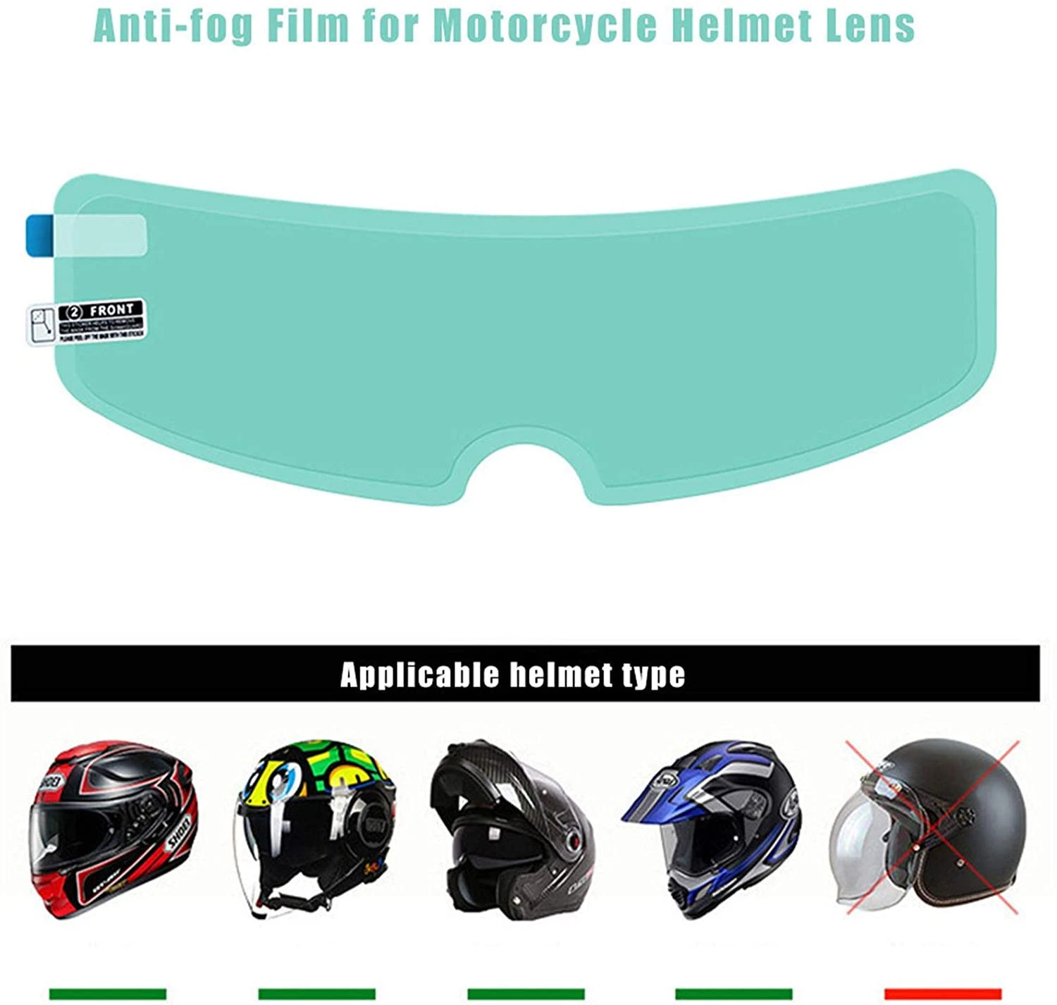 Película antilluvia para casco de motociclista, color turquesa con etiqueta frontal. Compatible con cascos integrales y jet, no con visera abatible.