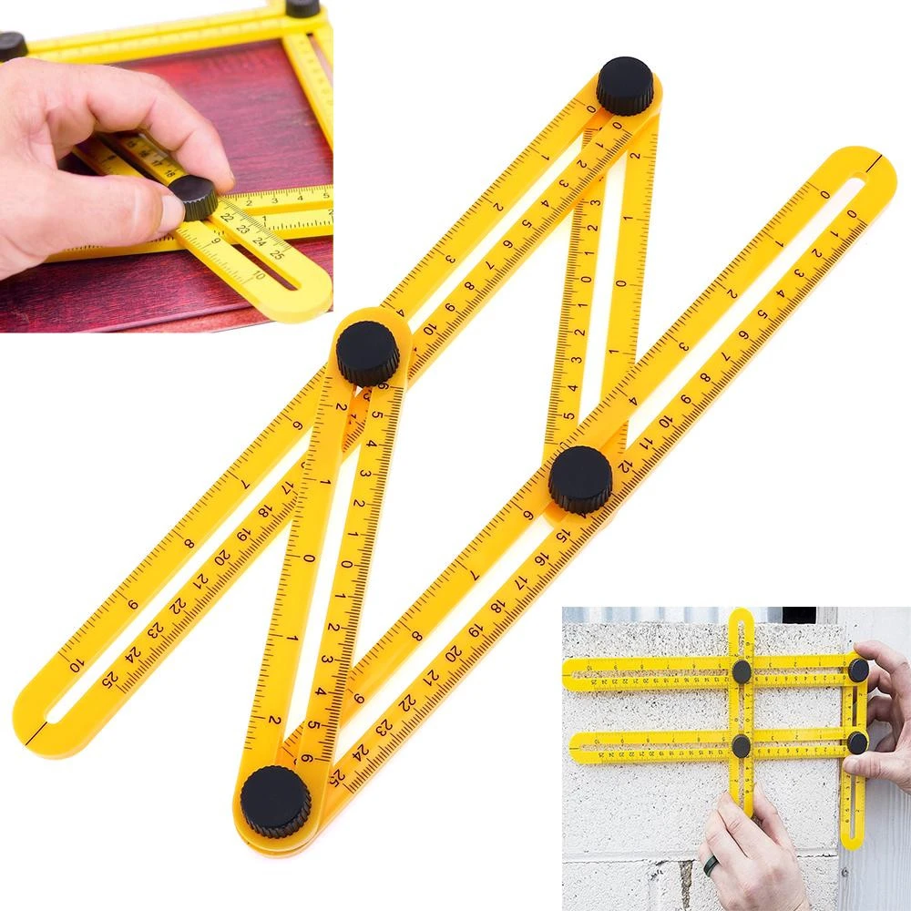 Regla multiángulo plegable amarilla con tres unidades, mostrando uso en madera y azulejos. Incluye medidas en centímetros y pulgadas.