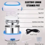 Sethruki - Calentador eléctrico desmontable con tapa azul, bandeja de huevos, plato y bowl de acero inoxidable, cable de alimentación, cuchara y taza medidora.