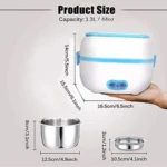 Calentador eléctrico Sethruki en blanco con detalles azules, mostrando dimensiones y accesorios: recipiente principal de 1.3L, olla metálica de 8cm y plato pequeño de 3cm.