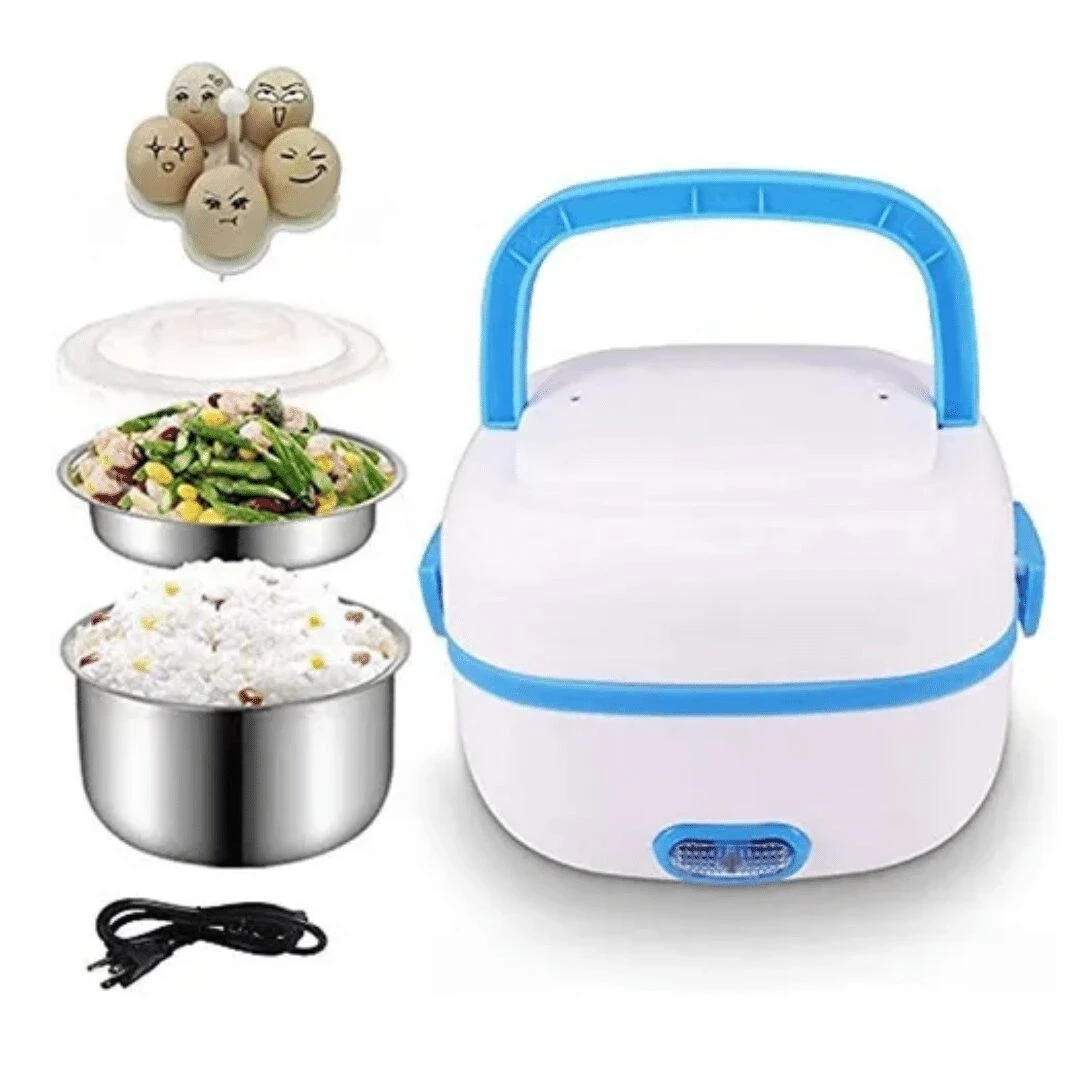 Calentador eléctrico Sethruki con tapa azul, contenedores metálicos para arroz y vegetales, cable de alimentación y huevos decorativos en la parte superior.