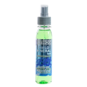 Spray Hielo Mineral Athos en presentación individual de 150 ml, con líquido verde translúcido y etiqueta azul que indica Cannabis y Arnica.