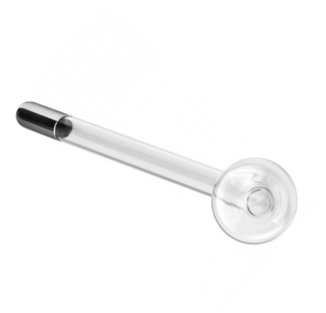 Dispositivo de alta frecuencia con electrodo de vidrio transparente y mango metálico negro, diseñado para desinfección y estimulación capilar.