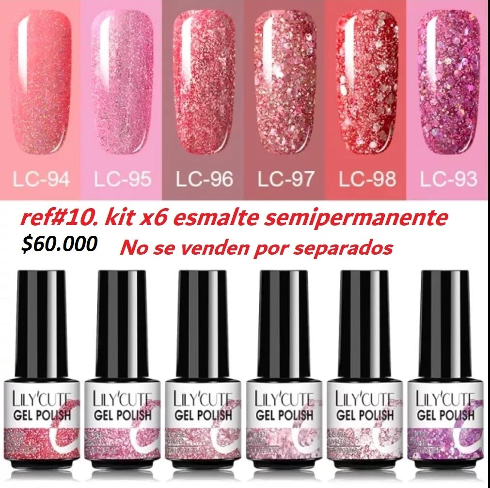 Kit de seis esmaltes semipermanentes LilyCute en tonos rosados y brillantes, con acabado glitter y etiquetas visibles.