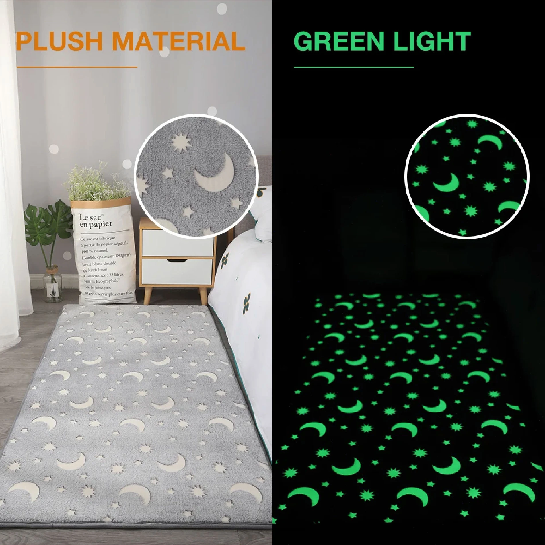 Alfombra felpudo gris con lunas y estrellas que brillan en verde en la oscuridad, ideal para habitación infantil.