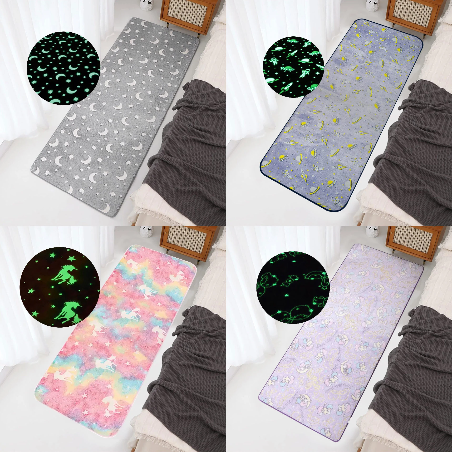 Cuatro alfombras felpudo luminosas con diseños nocturnos: lunas, estrellas, dinosaurios y unicornios, mostrando su efecto brillante en oscuridad.