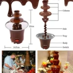 Fuente de chocolate eléctrica mini con cascada continua, color marrón, medidas 22 cm de altura y 14.5 cm de diámetro, incluye diagrama técnico y uso en evento.