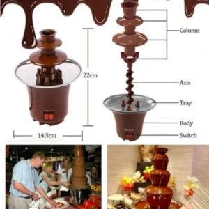 Fuente de chocolate eléctrica mini con cascada continua, color marrón, medidas 22 cm de altura y 14.5 cm de diámetro, incluye diagrama técnico y uso en evento.