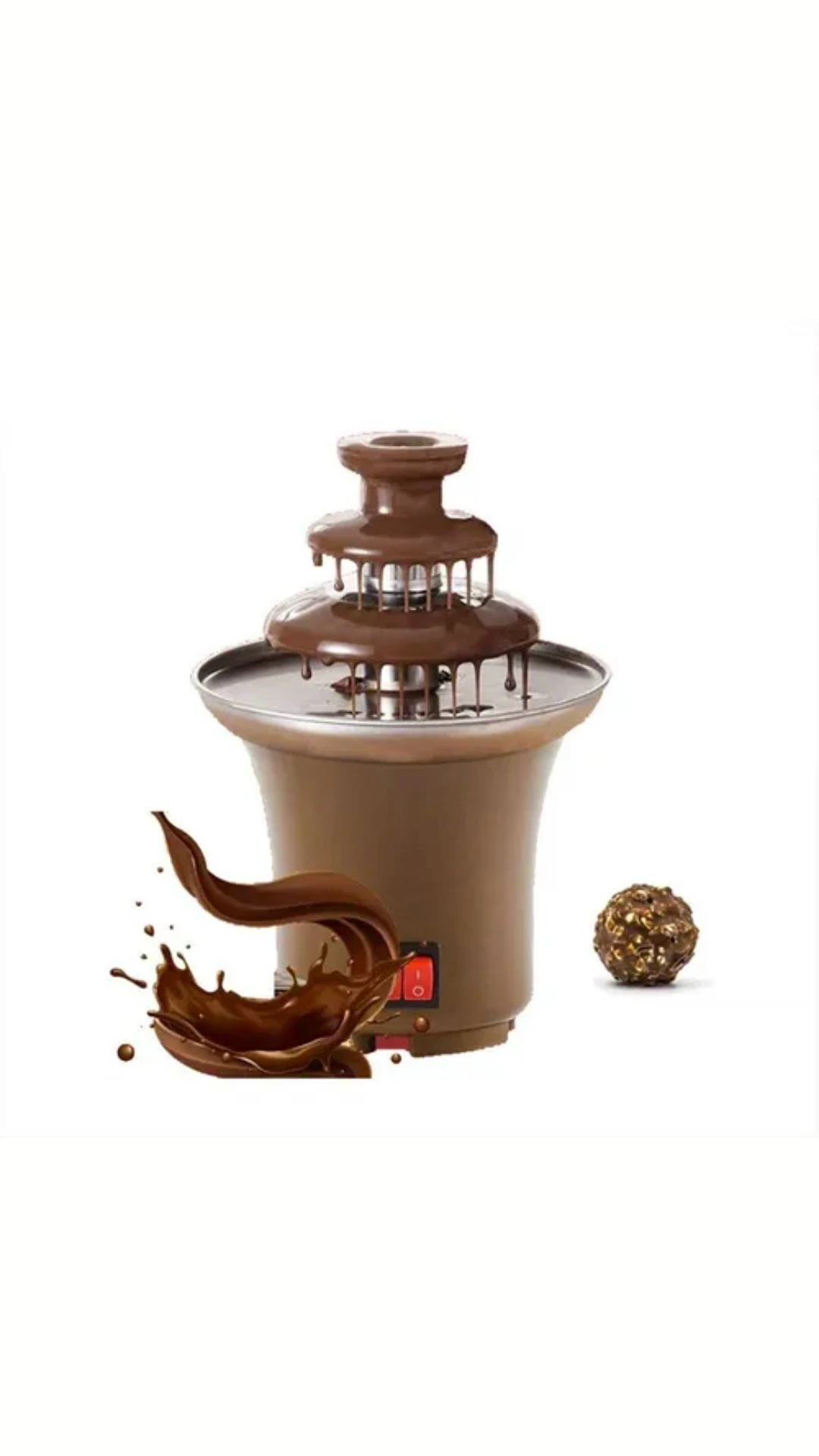 Fuente de chocolate eléctrica mini con cascada continua, color marrón, incluye bola de chocolate y salpicadura decorativa.