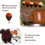 Fuente de chocolate eléctrica mini con cascada continua, ideal para decorar frutas y postres; muestra variaciones con fresas, gominolas y marshmallows.