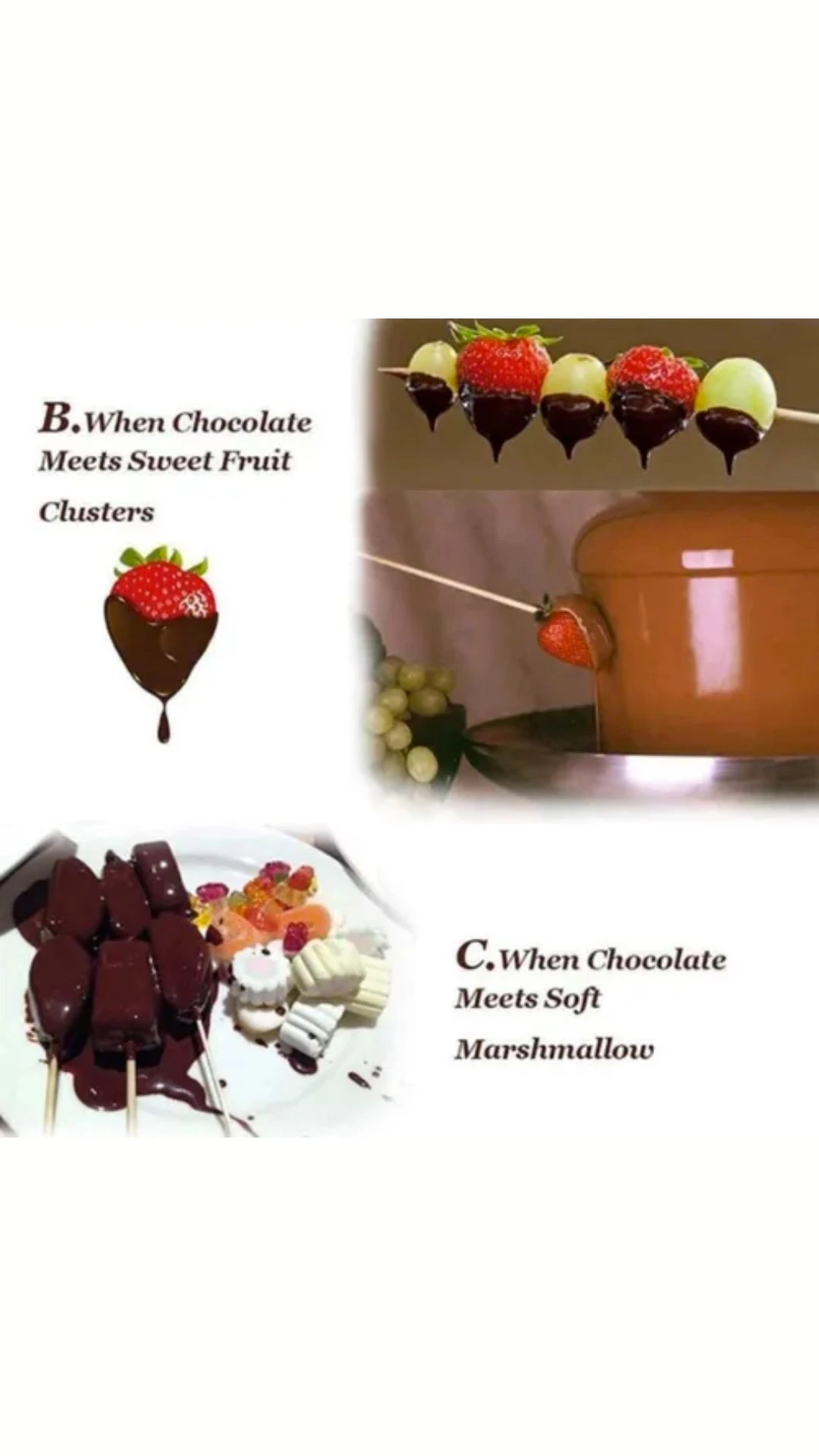 Fuente de chocolate eléctrica mini con cascada continua, ideal para decorar frutas y postres; muestra variaciones con fresas, gominolas y marshmallows.