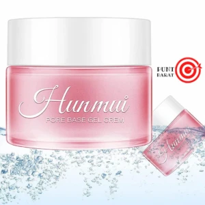 Jarrón de crema rosa translúcido con tapa blanca, etiqueta que dice Hunmui Pore Base Gel Cream, rodeado de burbujas de agua y una variante inclinada al lado derecho.