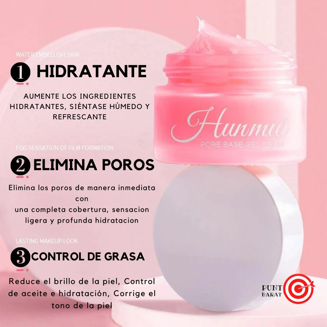Tubo de crema rosa con tapa blanca, mostrando textura cremosa en la parte superior. Etiqueta con nombre Hunmui y beneficios: hidratación, eliminación de poros y control de grasa. Fondo rosa claro con texto descriptivo.