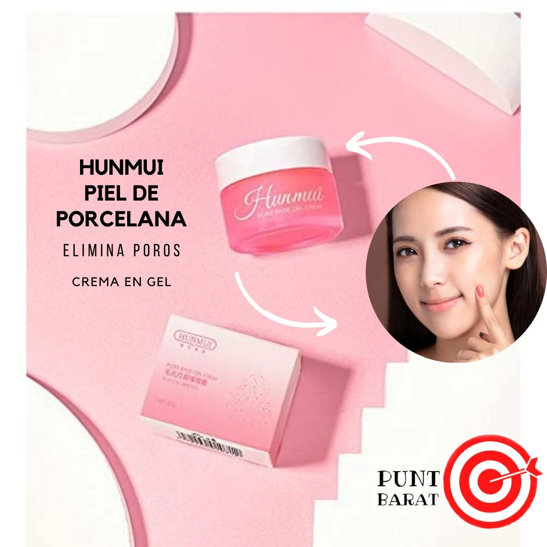 Jarrón de cerámica rosa con tapa blanca, acompañado de su caja de presentación en tonos pastel. Incluye texto que indica "Hunmui Piel de Porcelana" y "Elimina poros", junto a una mujer aplicando el producto en la cara.