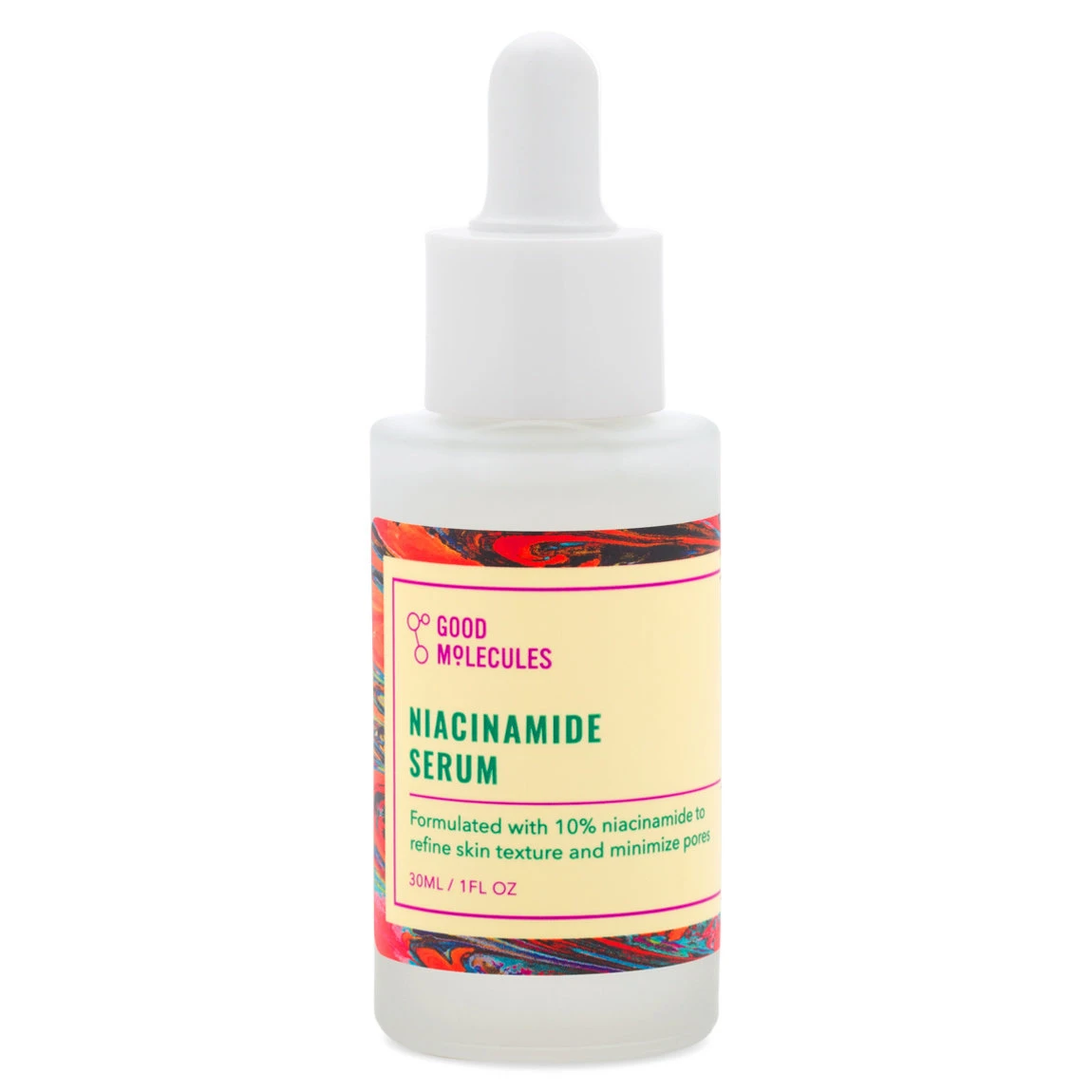 Bote de vidrio blanco con gotero, etiqueta amarilla con detalles multicolores, contiene suero Niacinamida 10% Good Molecules para uniformar tono facial.