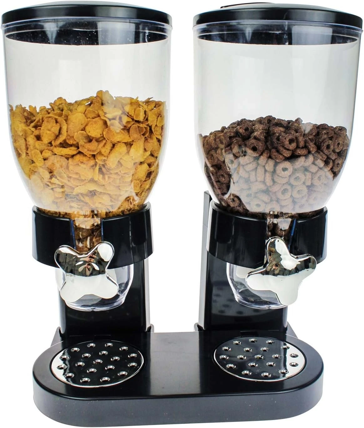 Dispensador de cereales de dos compartimentos con tapas negras y dispensadores metálicos, conteniendo maíz y hojuelas de chocolate.