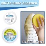 Limpiador de zapatos en crema con esponja amarilla, mostrando antes y después de la limpieza en un par de tenis blancos. Incluye dos recipientes redondos con etiquetas en coreano y japonés.